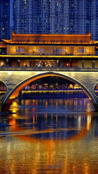 Anshun bridge over Jin River illuminated at night, Chengdue, Sichuan , China