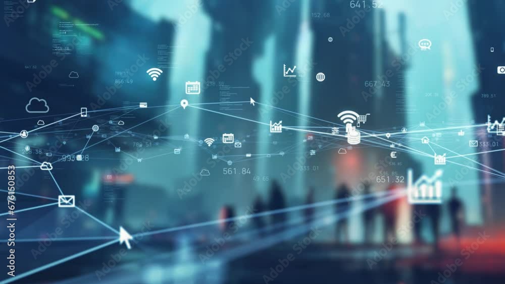 Poster Futuristic cityscape and wireless communication network concept. Internet of Things. Digital transformation.