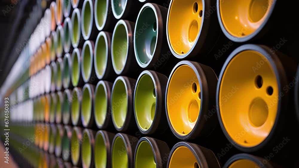 Poster up close, the image reveals a series of large, cylindrical containers lined up in a row. these conta