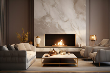 Elegant living room with wooden fireplace, in the style of light gold and dark beige