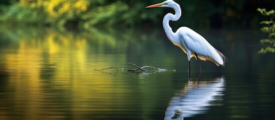 In the summer amidst the beauty of nature a cute and colorful great egret a wading bird known as Ardea alba graced a white pond in Virginia s Fairfax County creating elegant reflections in t - obrazy, fototapety, plakaty