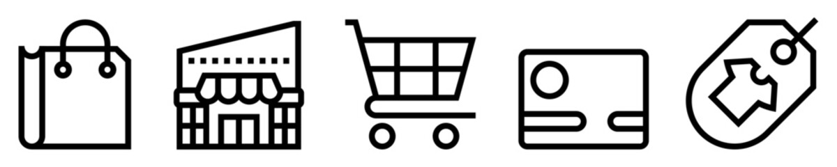 Conjunto de iconos de centro comercial. Comercio. Bolsa y carrito de compras, tarjeta de crédito, etiqueta del producto. Ilustración vectorial
