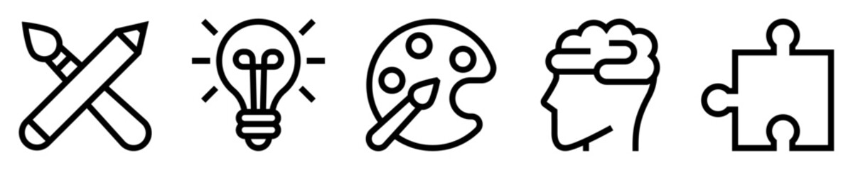 Conjunto de iconos de creatividad. Inspiración artística. lápiz y pincel cruzados, bombilla, paleta de colores, cerebro, pieza de rompecabezas. Ilustración vectorial