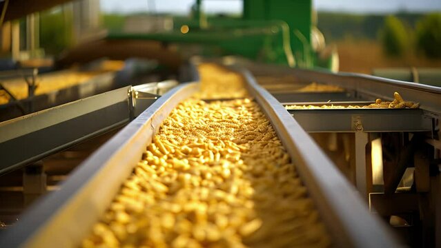 A detailed view of the feedstock preprocessing area, showing a conveyor belt carrying heaps of freshly harvested corn cobs. Workers can be seen sorting and removing impurities manually before
