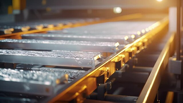 An intricate web of conveyor belts transports aluminum ingots, each weighing several tons, through the production facility. The image captures the ingots impressive size and the organized