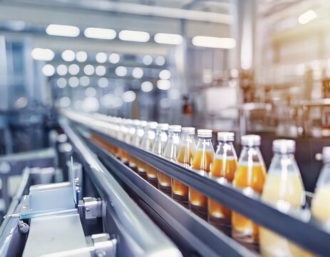 Linea de produccion de jugos naturales en botellas de vidrio. F&aacute;brica de jugos naturales