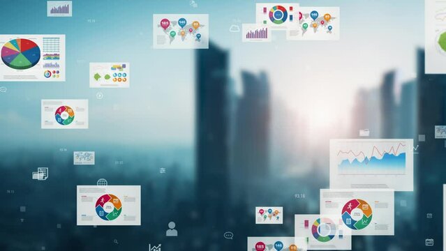 Futuristic cityscape and digital documents concept. Digital transformation. Management strategy. Financial reports.