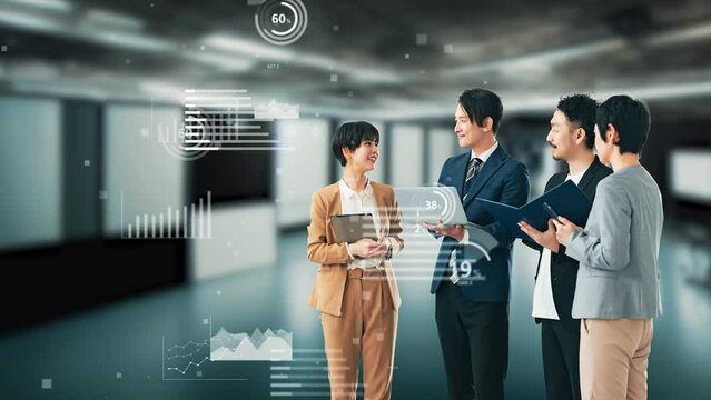 オフィスで会議する人々と統計グラフ