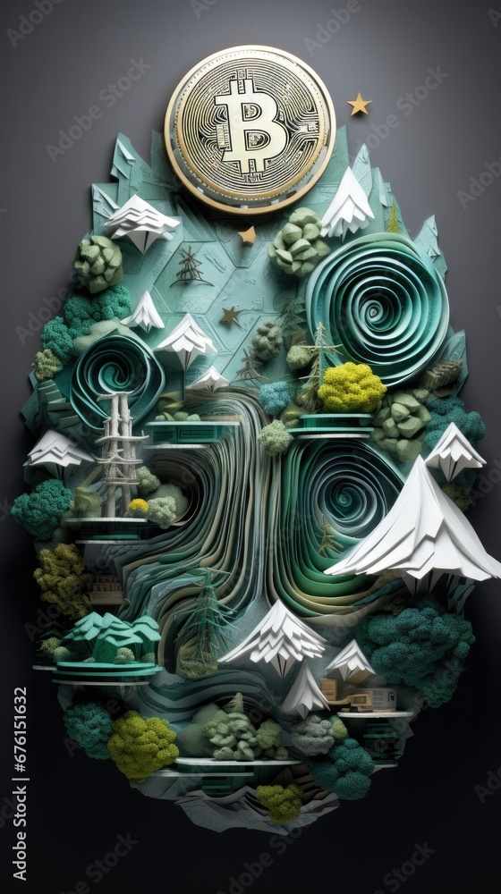 Aufkleber a paper cut of a mountain with a bitcoin on top of it. generative ai.
