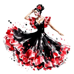 Foto op Canvas Lady Flamenco dance in flamenco dress black and pink with carnation flowers watercolor illustration © Vanessa