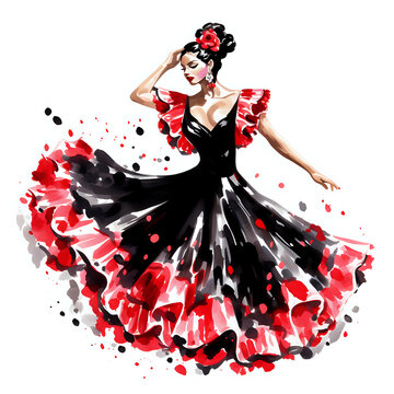 Lady Flamenco dance in flamenco dress black and pink with carnation flowers watercolor illustration