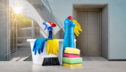 Escena de limpieza. Productos de buena calidad para limpiar una casa grande - obrazy, fototapety, plakaty