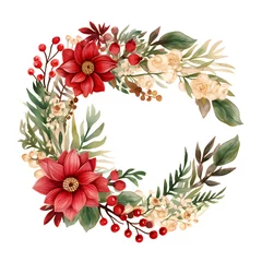 Foto op Plexiglas Watercolor illustration. Christmas wreath with red poinsettia, holly berries, leaves. Isolated on white background. Greeting card design. Clip art elements. Holiday festive. © Studio Murmur