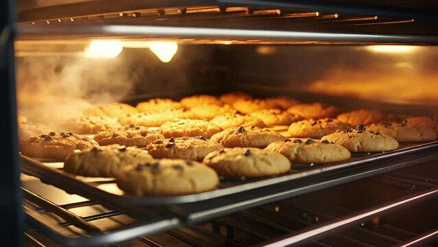Closeup shot of a steaming hot oven, with rows of goldenbrown cookies gently baking on trays.