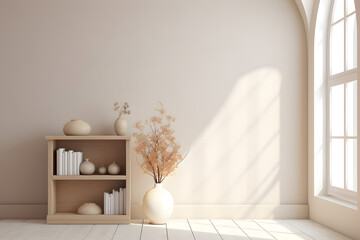 Empty interior room with white wooden furniture, bookshelf, flower, vase plant on table, white walls, arched window, in the style of muted earth tones