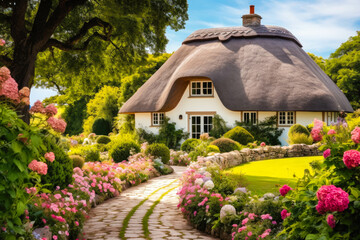 Cottagecore styled house with thatched roof and beautiful garden on a sunny day - obrazy, fototapety, plakaty