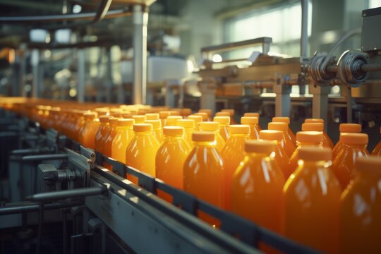 A modern, automated factory assembly line, showcasing the precise process of bottling fresh orange juice.