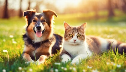 Perro y gato tranquilos y amigables posando tranquilamente en un cesped de una tarde de verano