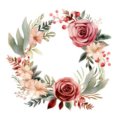 Watercolor illustration. Christmas wreath with pink roses, white flowers, holly berries, roses, leaves. Isolated on white background. Greeting card design. Clip art elements. Holiday festive.