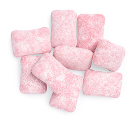 Tasty pink bubble gums isolated on white, top view