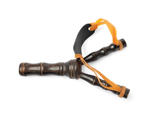 Black wooden slingshot with leather pouch on white background, top view