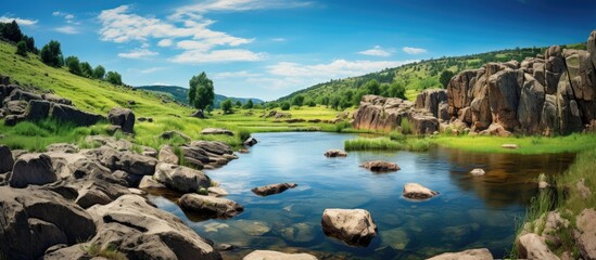 In the summer I love to travel to beautiful landscapes with stunning nature views With a white and blue sky as the background the water in the pond reflects the vibrant colors of the enviro - obrazy, fototapety, plakaty
