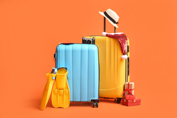 Suitcases with beach accessories, Santa hat and Christmas gifts on color background