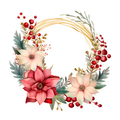 Watercolor illustration. Christmas wreath with red and white poinsettia, holly berries, leaves. Gold circle. Isolated on white background. Greeting card design. Clip art elements. Holiday festive.