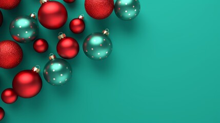 Close up shot of red and green Christmas balls in corner, flatlay composition.  Green background with copy space. Minimal concept of New Year's or Christmas party or celebration