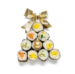 Christmas tree made of tasty sushi rolls and decor on white background