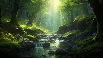 神秘的な苔むす木立：陽光の交響曲｜Mystical Mossy Grove: Sunlight Symphony　Generative AI