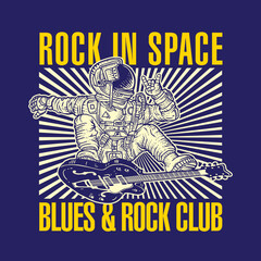 Astronaut Guitar Surfing in Space Hand Drawing Vector Illustration Blues and Rock Club Design