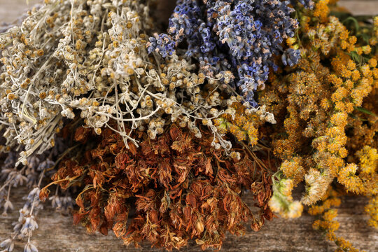 Many different dry herbs on wooden table, closeup