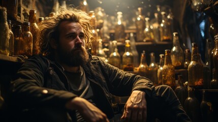 Obraz premium A man surrounded by empty alcohol bottles. Generative AI. 