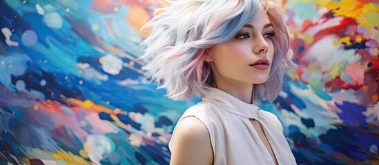 In the summer light a girl with white and blue hair stood out against the background of a vibrant art filled party her colorful face adorned with a portrait of makeup showcasing her love for