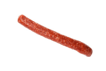 One thin dry smoked sausage isolated on white