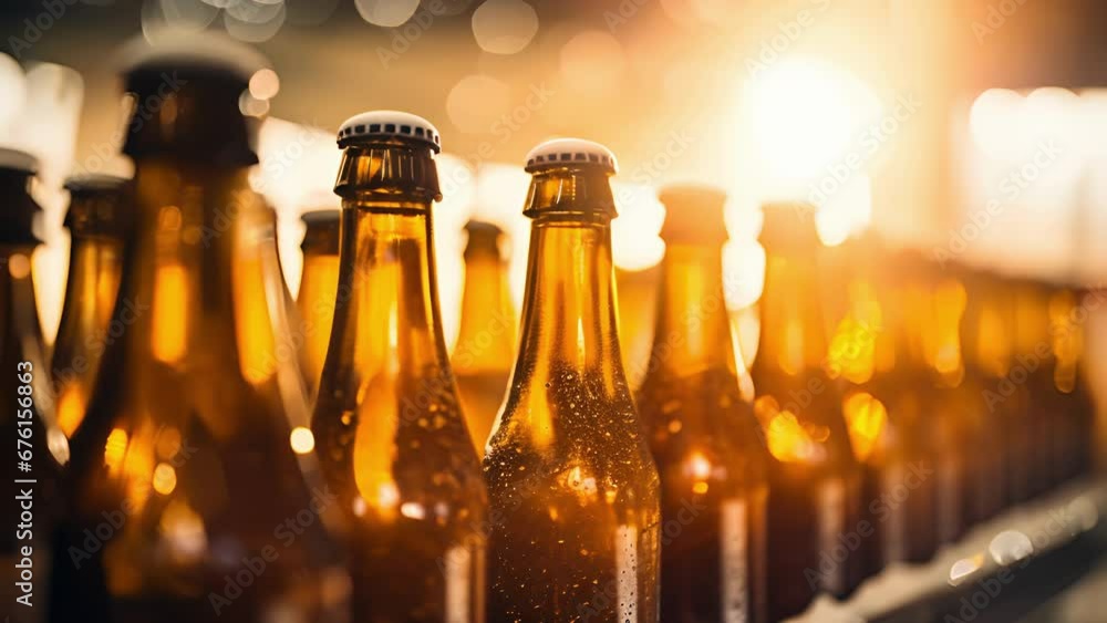 Poster detailed image of the pasteurization process, showcasing bottles passing through a heated tunnel, en