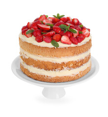 Tasty cake with fresh strawberries and mint isolated on white