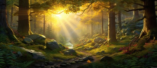 Traveling through the scenic landscape I watched the golden rays of the sunrise dance through the forest creating a mesmerizing interplay of light and shadow on the vibrant green leaves as  - obrazy, fototapety, plakaty
