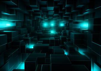 A background with blue green squares and a dark backdrop. Generative AI. 