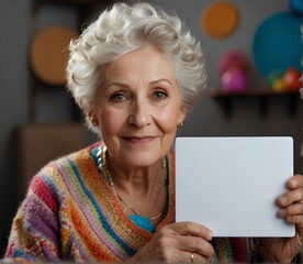 Mature lady holding blank whiteboard – versatile for various messaging needs