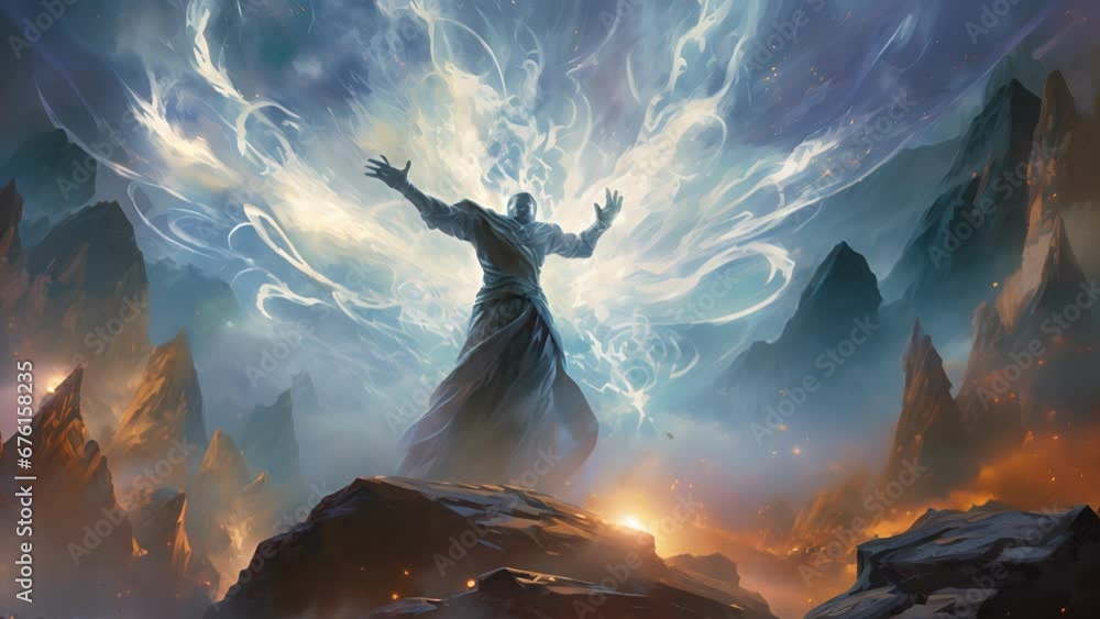 Aufkleber a mage stands on a mountaintop fists clenched as sparks of fire ice wind and earth arc out from thei