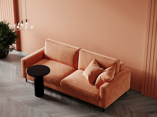 Livingroom with accent bright peach fuzz 2024 sofa and pale orange coral wall. Large sofa with cushions in velor fabric. Lounge area in the home. Mockup luxury design room and furniture. 3d render
