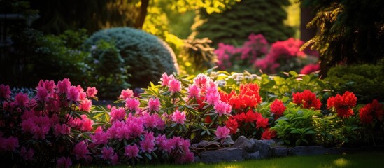 Fototapeta na wymiar In the lush verdant background of a summer garden vibrant flowers in shades of red pink and other colorful hues bloom showcasing the beauty of nature in its springtime floral display