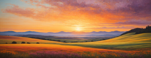 Naklejka na ściany i meble Digital artwork, landscape oil painting of nature, colorful warm tones with sunset and clouds. Can be used as background or wallpaper.