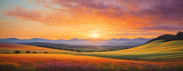 Fotobehang Digital artwork, landscape oil painting of nature, colorful warm tones with sunset and clouds. Can be used as background or wallpaper. © bugrakaan
