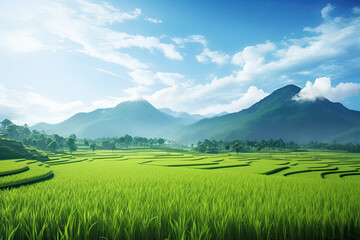 Beautiful landscape view of paddy fields on green hills for wallpaper, background and zoom meeting background