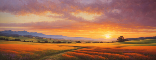 Digital artwork, landscape oil painting of nature, colorful warm tones with sunset and clouds. Can be used as background or wallpaper.