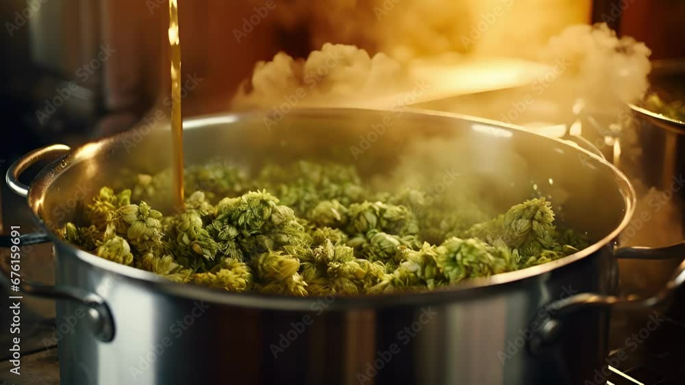 Aufkleber a closeup shot of brewers meticulously measuring and adding precise amounts of hops into a boiling k