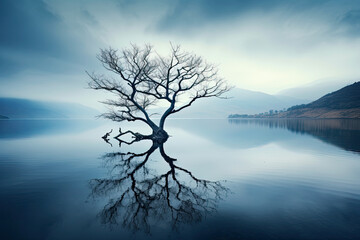 Beautiful landscape view of a tree with reflection at a lake for wallpaper, background and zoom meeting background	